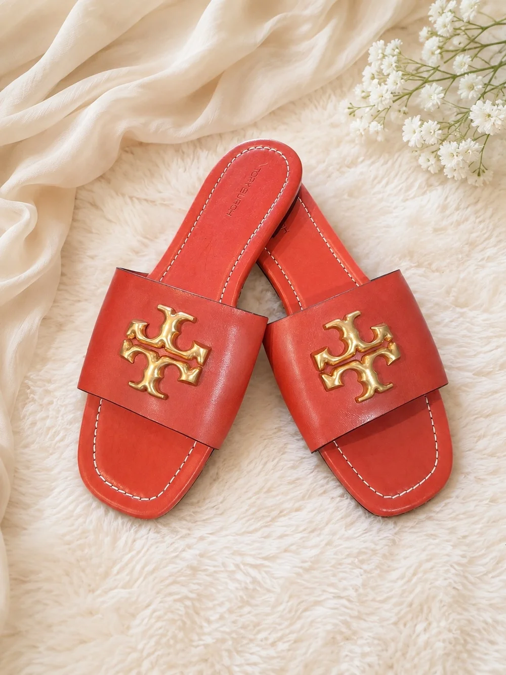 NEW Tory Burch Eleanor Leather Gold Logo Slide Sandals